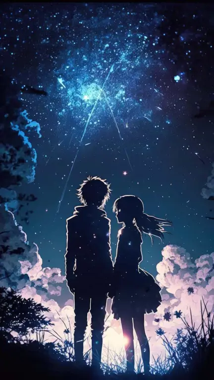 Wallpaper estetis pasangan anime terpisah dengan warna-warna pastel dan lembut
